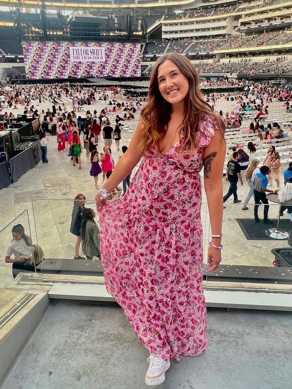 Francesca’s Floral Pink Ruffle Strap Long Dress